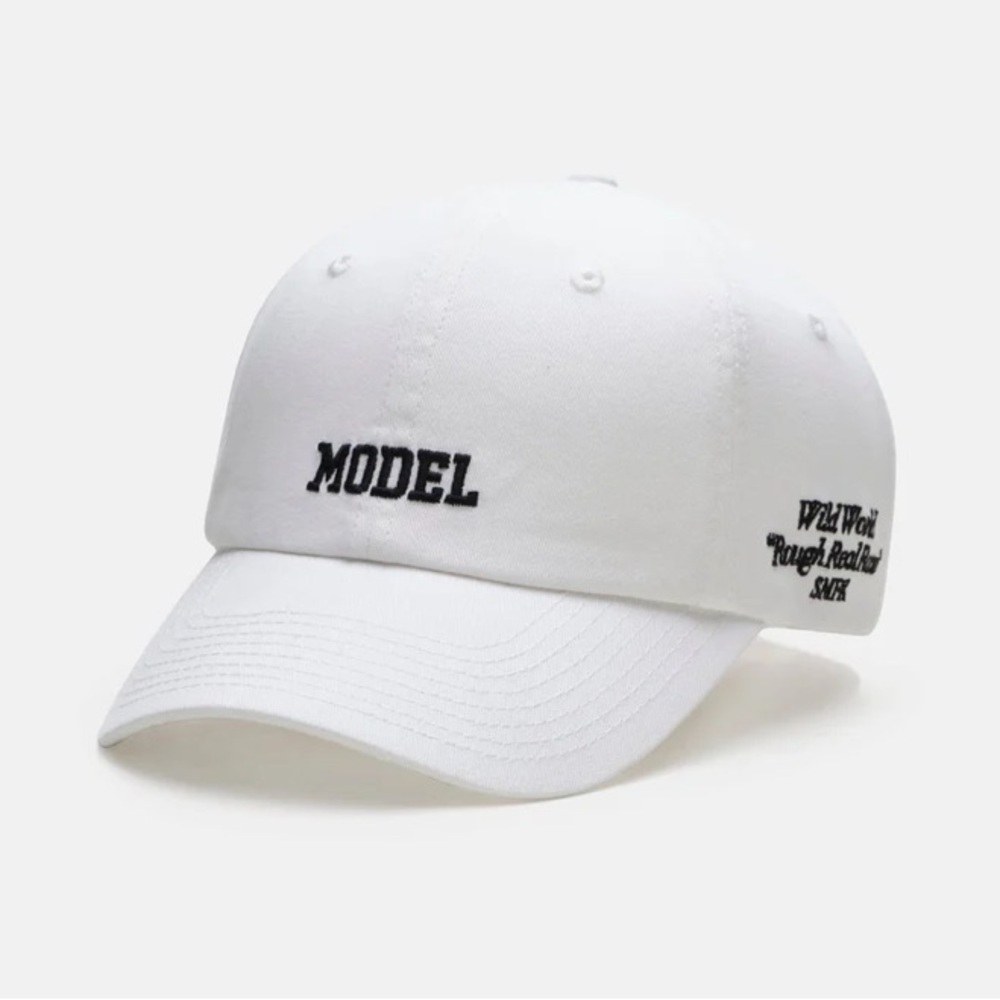 🤍 SMFK • Model White Baseball Hat w navy embroidery